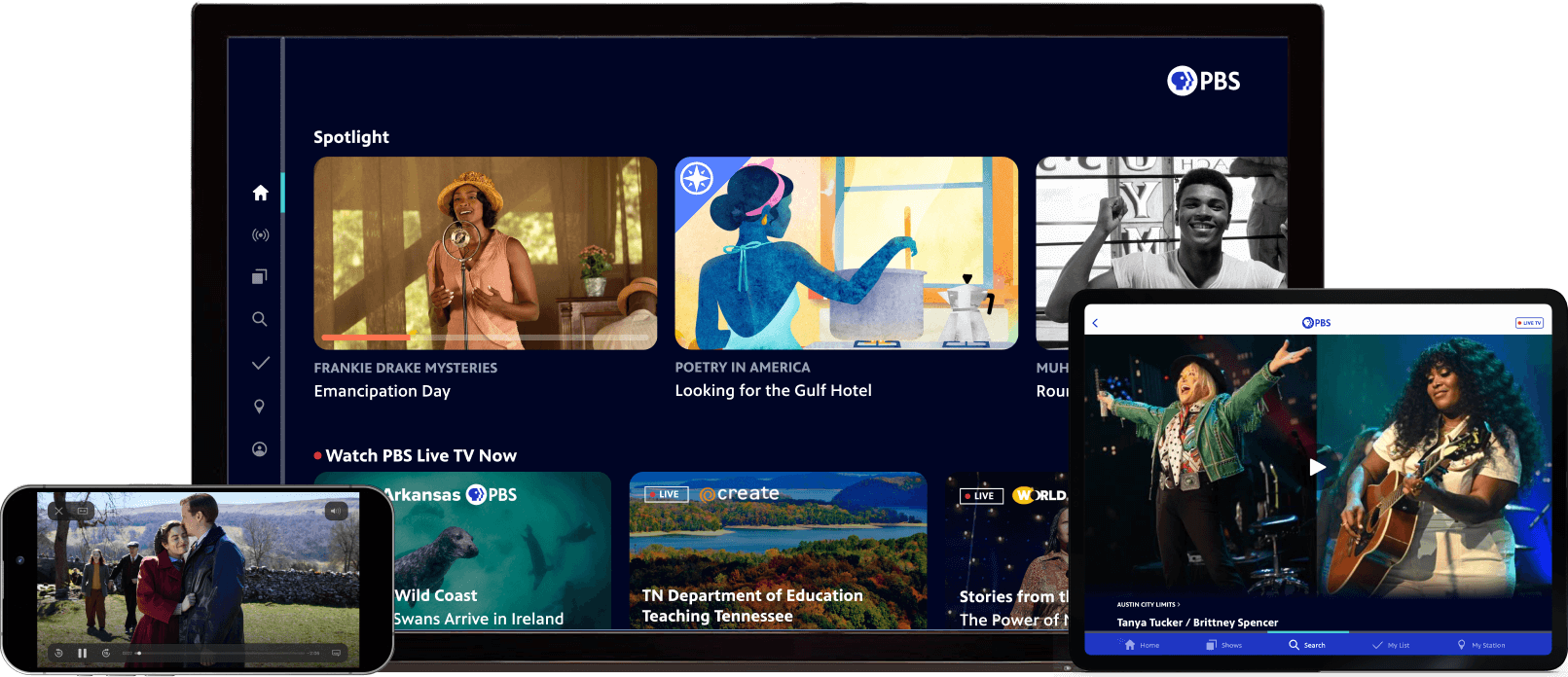 PBS content being displayed on a phone, TV, and tablet.
